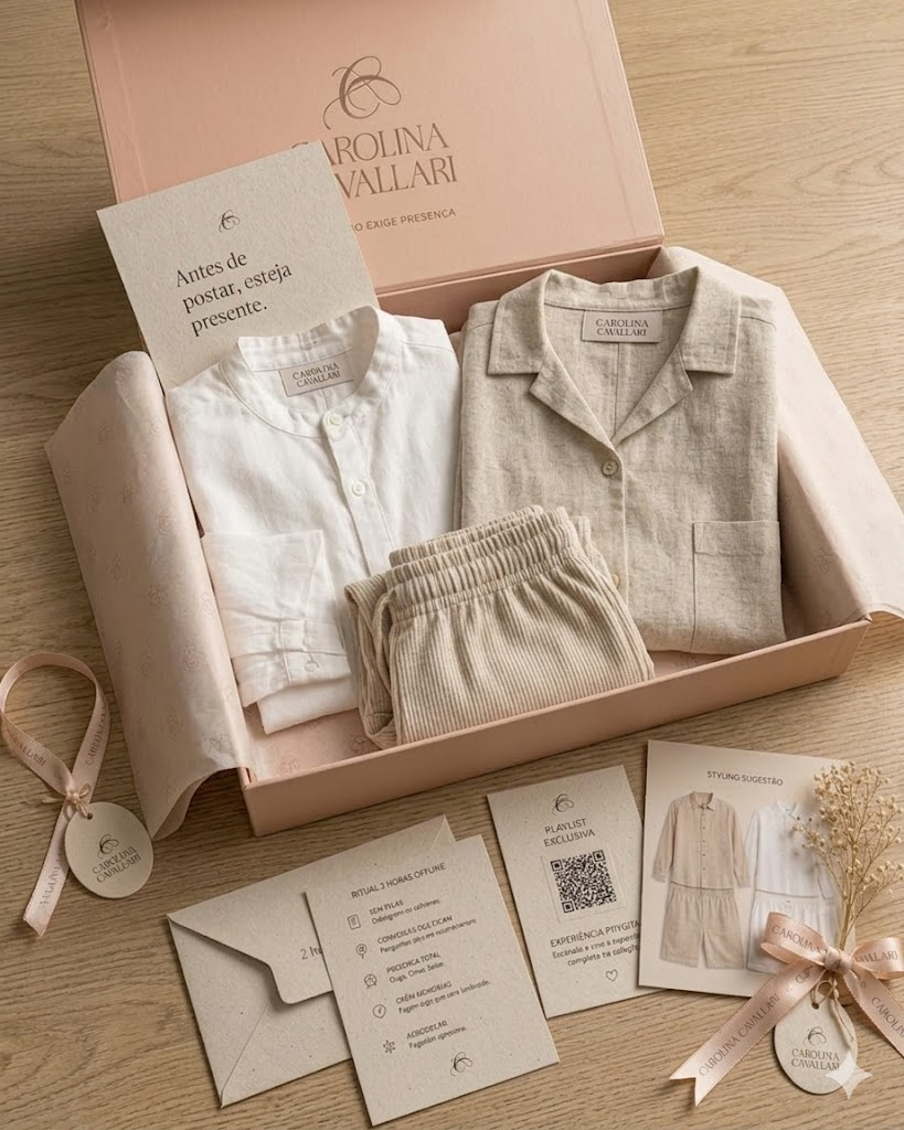 Mockup do press kit Carolina Cavallari com composição flat lay elegante e elementos da experiência phygital.